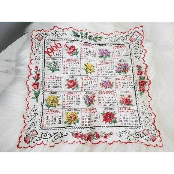 #3 VINTAGE 1966 FLOWER THE MONTH HANKIE‎ HANKY HANDKERCHIEF Calendar Kitchen MCM - Picture 1 of 6